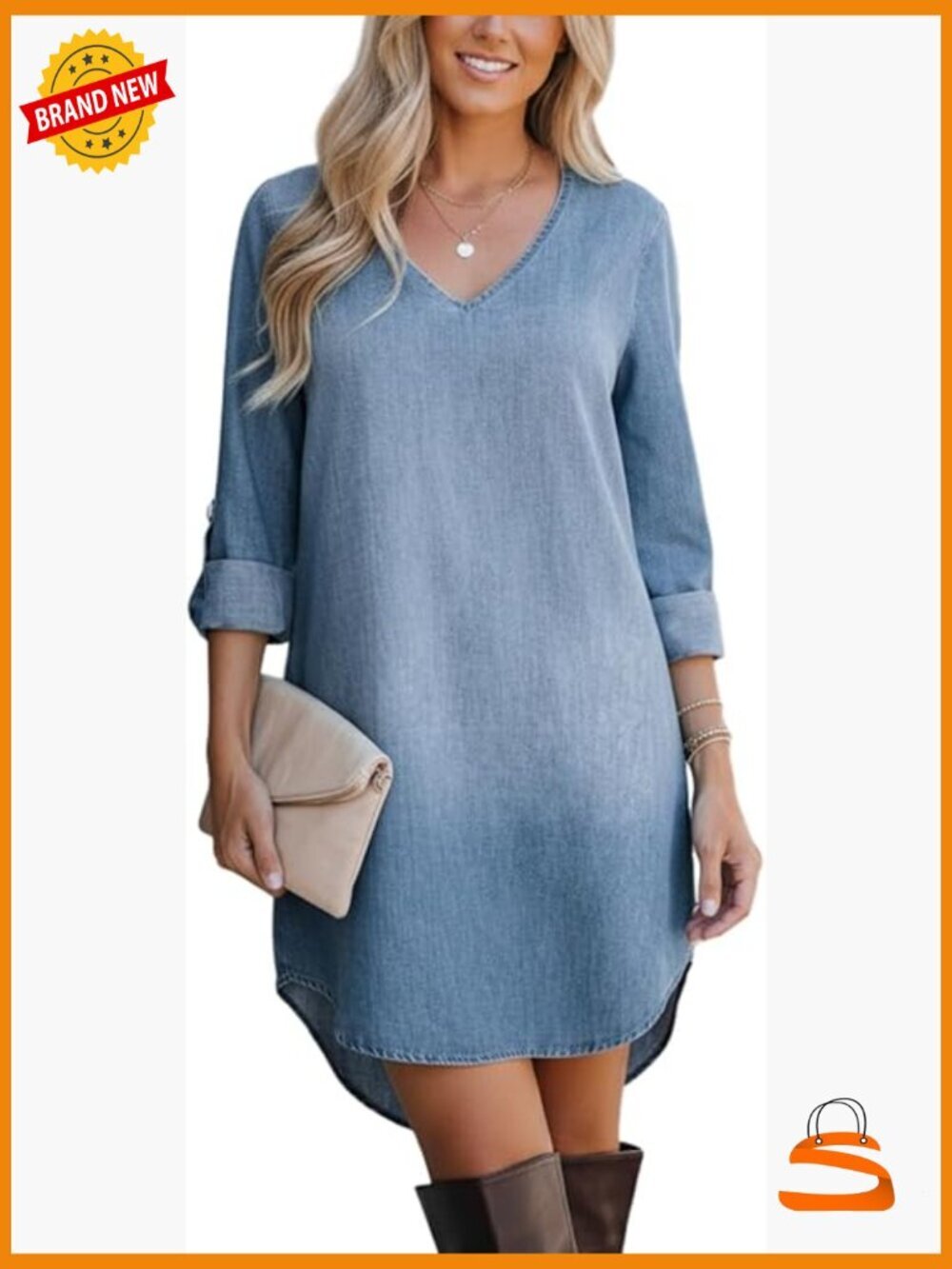 Denim Mini Dress with Long Sleeves and V Neck A-Line C